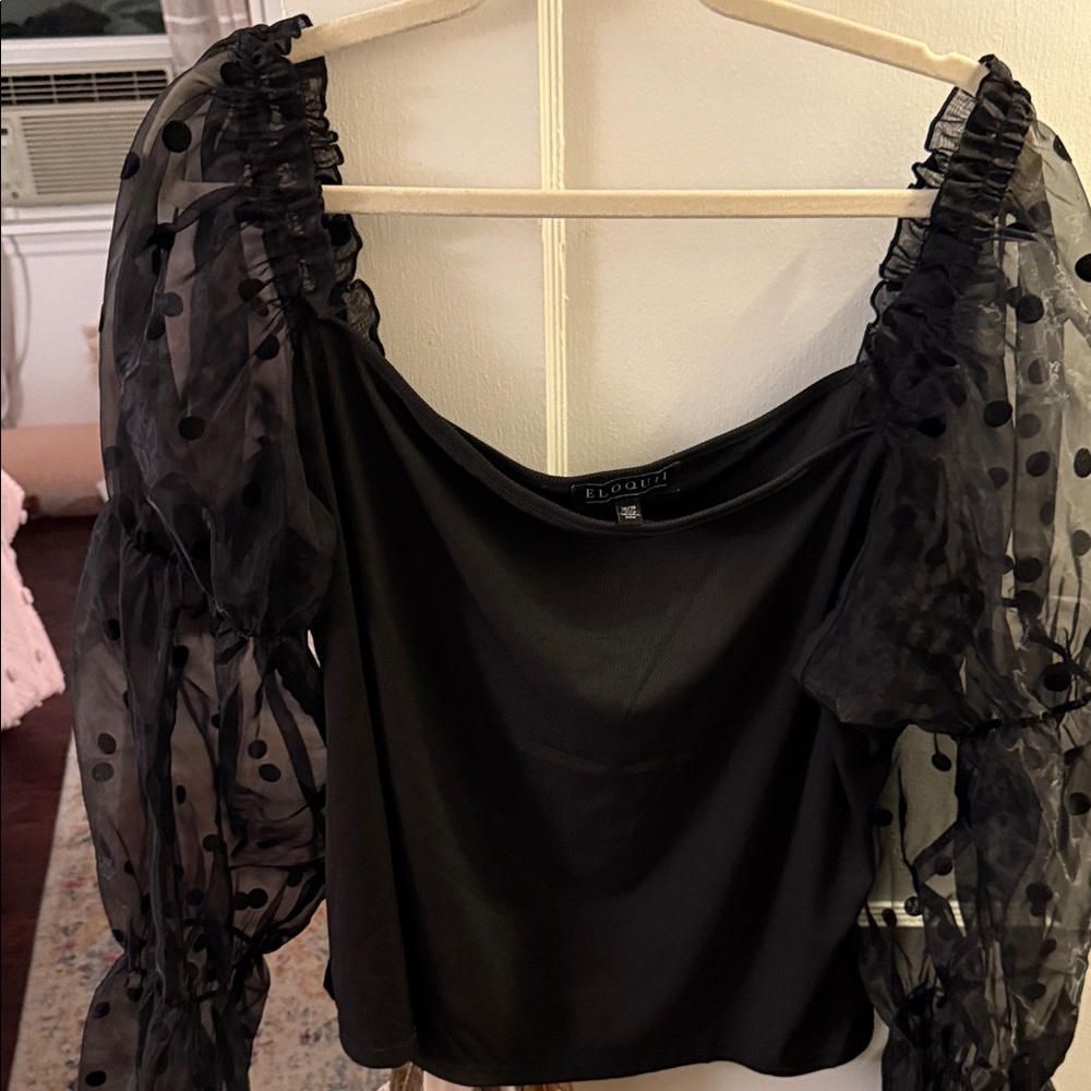 Eloquii Black Top with Sheer Polka Dot Sleeves